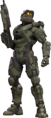 A render of the article subject, a soldier encased in worn metal armor. He carries a black weapon in his right hand, and wears a helmet with a reflective visor.